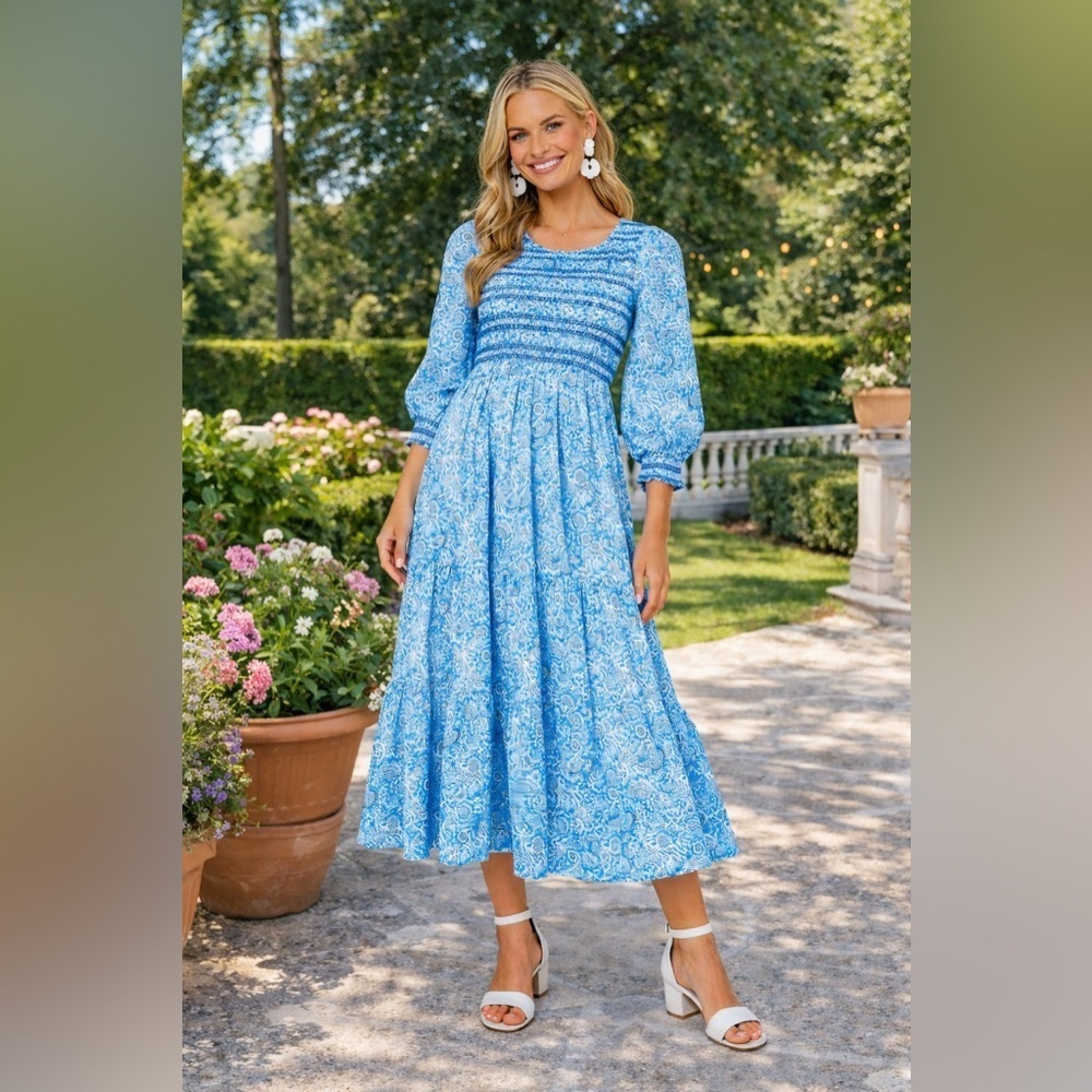 NWT Pink City Prints Isabel Dress XS Ornate Sky Blue Cotton Smocked Midi
